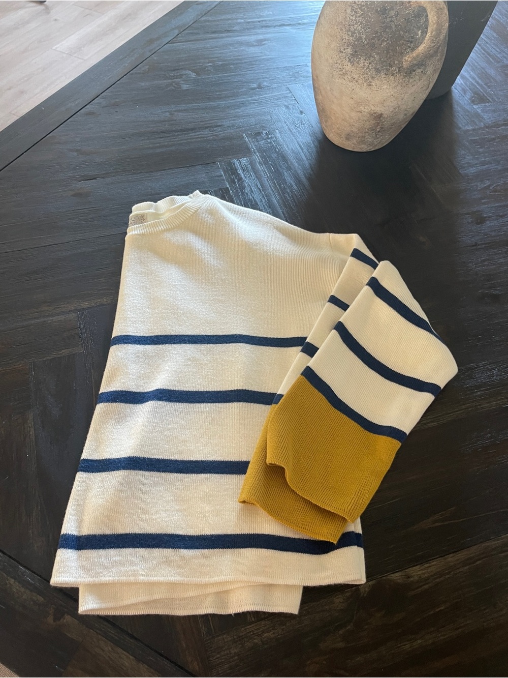 Poof Striped Crewneck Sweater in Cream, Navy & Mustard - women